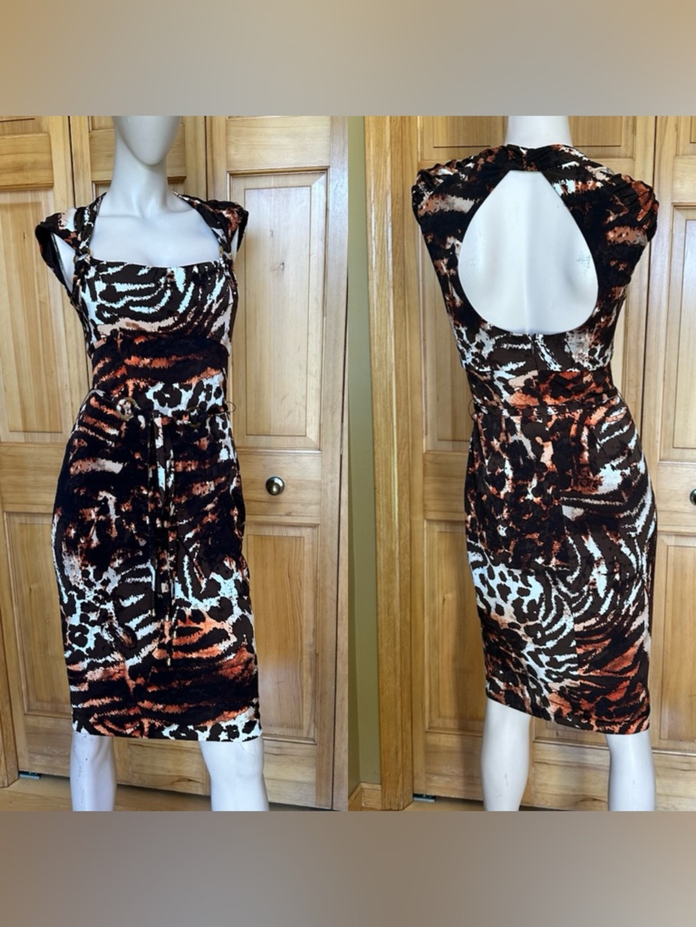 Cache Animal Print Bodycon Dress Statement Belted Midi NWT Size 4 #158
